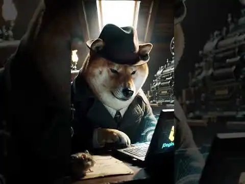 Shiba Inu attempts to stake Dogecoin using a tiny, ancient laptop.