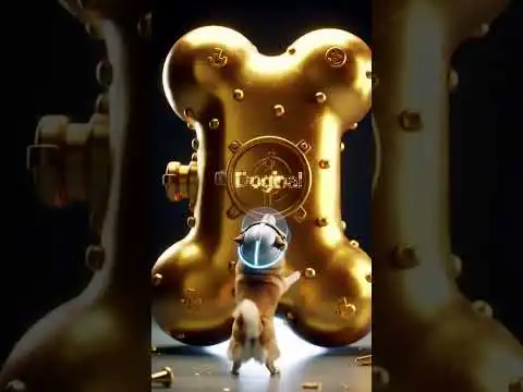 Shiba Inu dog attempts to "mine" Dogecoin by digging through a giant, golden bone-shaped vault.