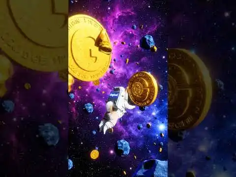 A Shiba Inu astronaut navigates a Dogecoin-shaped asteroid field, barking at moon rocks.
