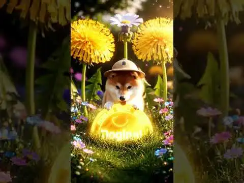 A fluffy Shiba Inu unearths a giant, glittering Dogecoin in his magical backyard.